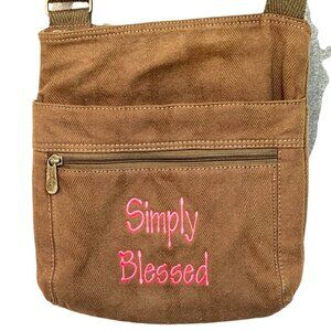Thirty-One Brown Twill Canvas Simply Blessed Pink Embroidered Crossbody Bag